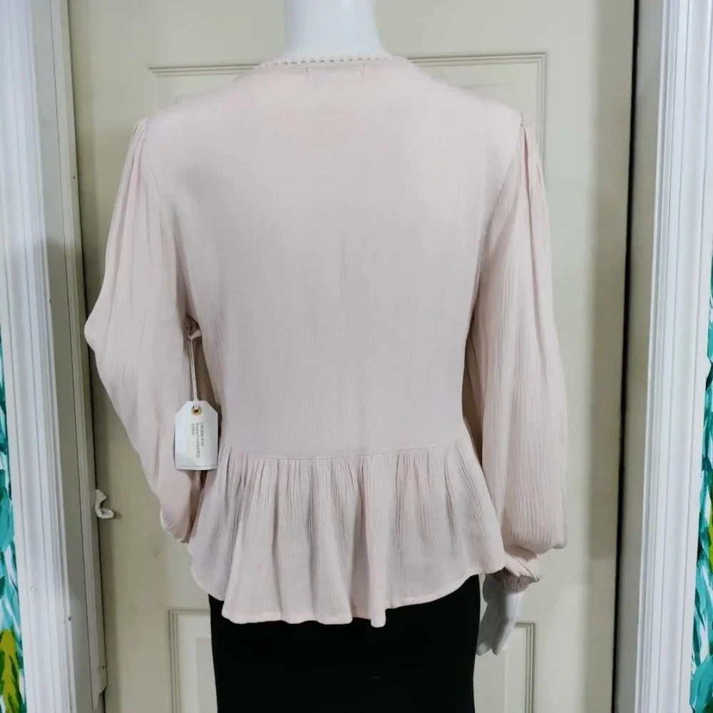 NWT Coco + Jaimeson Gauzy Coquette Whimsy Babydoll Peplum Top Beige Womens Small - Picture 3 of 9
